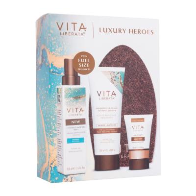 Vita Liberata Luxury Heroes Pacco regalo lozione autoabbronzante Fabulous Gradual Tanning Lotion Untinted 200 ml + nebbia autoabbronzante Tanning Mist Tinted 200 ml Medium + trucco corpo Body Blur Body Makeup 30 ml Medium + guanti per l'applicazione dell'autoabbronzante 1 pz.