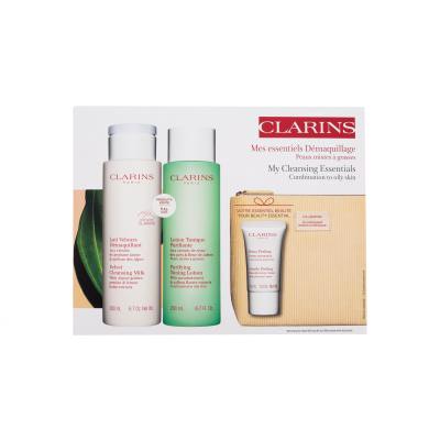 Clarins My Cleansing Essentials Pacco regalo latte detergente Velvet Cleansing Milk 200 ml + tonico per il viso Purifying Toning Lotion 200 ml + peeling Gentle Peeling 15 ml + borsa cosmetica