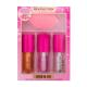 Makeup Revolution London Kiss & Go Lip Oil Set Pacco regalo  olio labbra Lip Oil Honey 4.5 ml + olio labbra Lip Oil Peach Pink 4.5 ml + olio labbra Lip Oil Watermelon 4.5 ml + pennello esfoliante labbra 1 pz