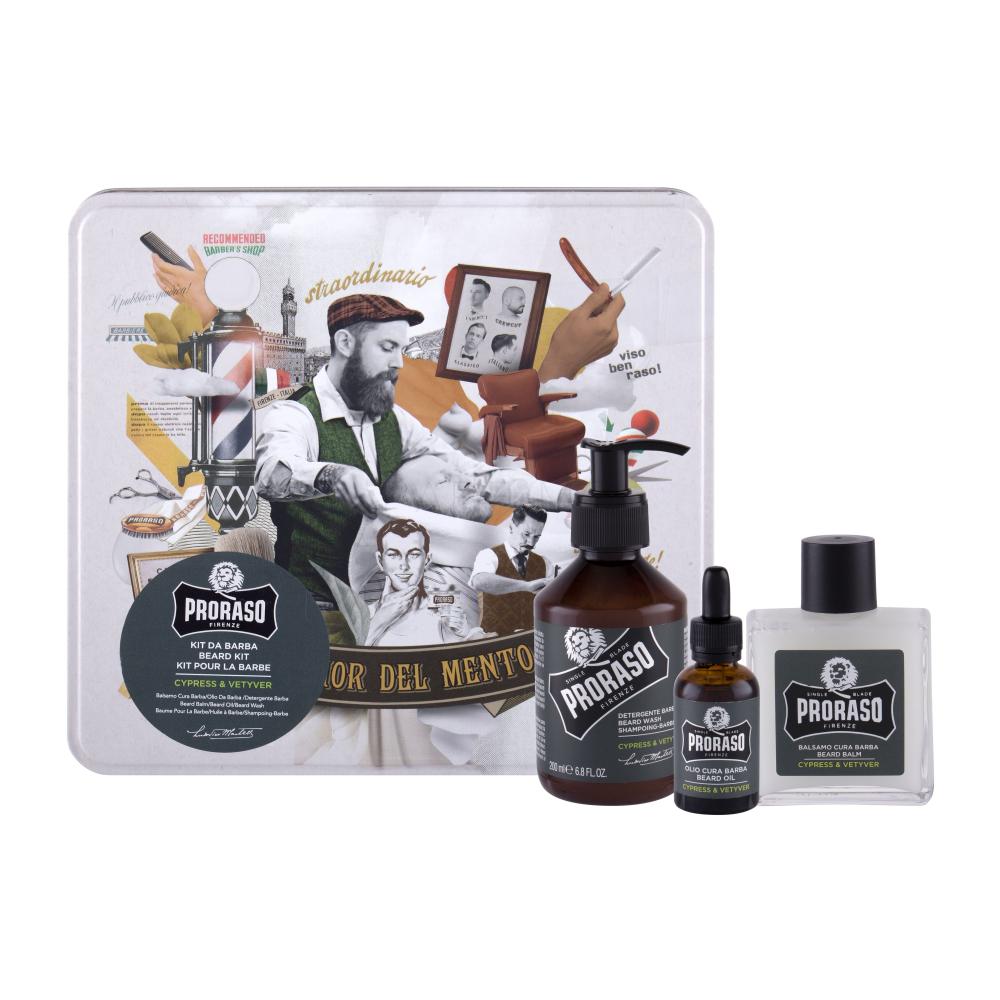 PRORASO Cypress & Vetyver Beard Wash Pacco regalo shampoo per barba 200 ml + balsamo per barba 100 ml + olio per barba 30 ml + scatola
