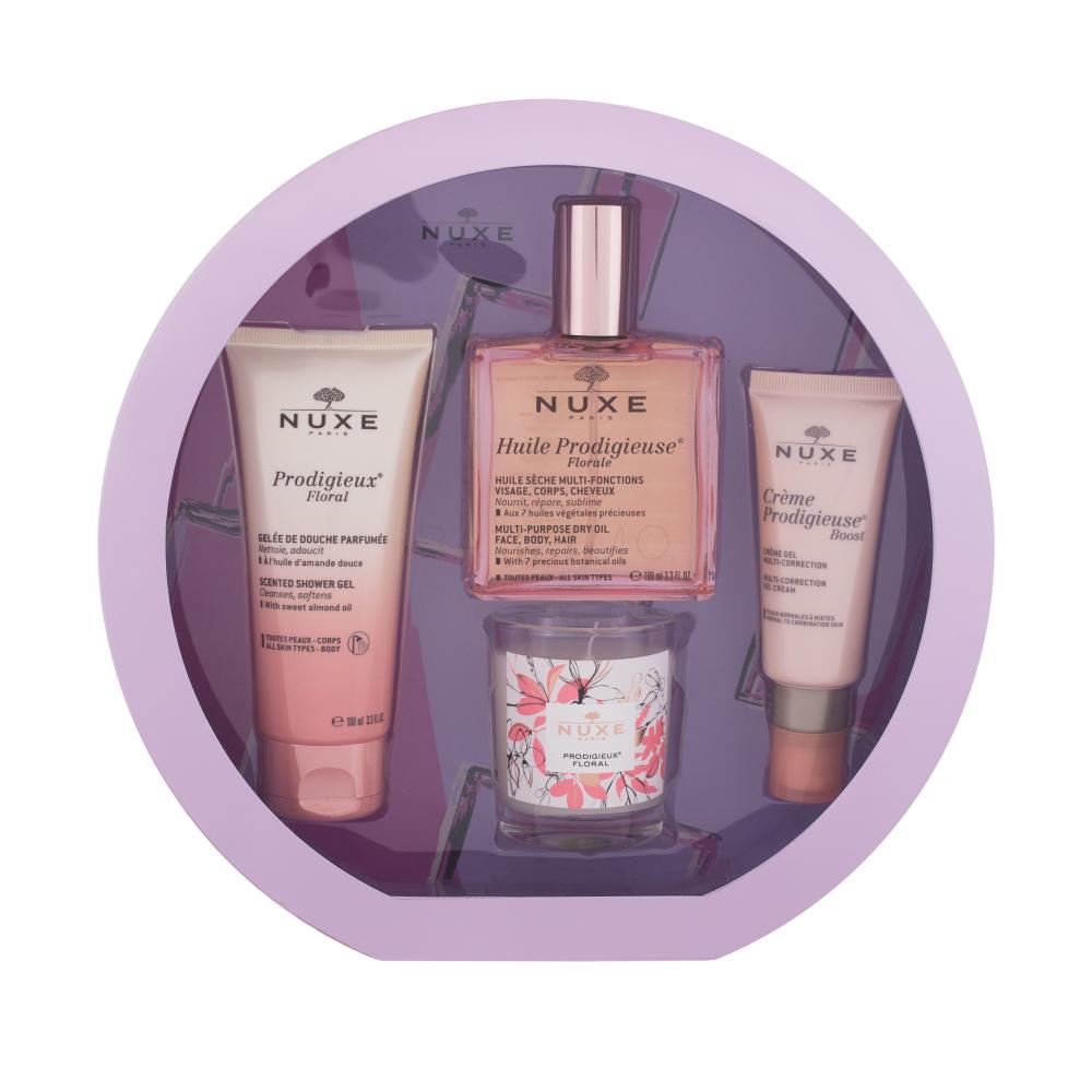NUXE Huile Prodigieuse Florale Pacco regalo olio secco Prodigieuse Florale 100 ml + gel doccia Prodigieux Floral 100 ml + crema gel Créme Prodigieuse Boost 40 ml + candela Prodigieux Floral 70 g