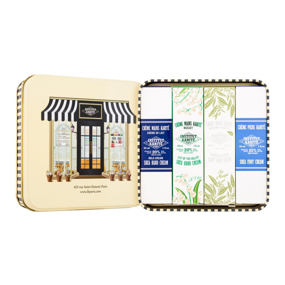 Institut Karité IKP Shop Pacco regalo crema mani Shea Hand Cream Lily Of The Valley 30 ml + crema mani Light Hand Cream Verbena & Shea 30 ml + crema mani Shea Hand Cream Milk Cream 30 ml + crema per i piedi Shea Foot Cream 30 ml + scatola di latta