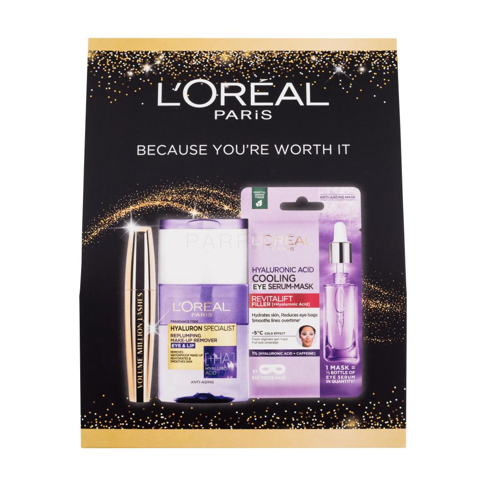 L'Oréal Paris Volume Million Lashes Pacco regalo mascara Volume Million Lashes Mascara 10,5 ml + struccante occhi Hyaluron Specialist Replumping Make-up Remover 125 ml + maschera occhi Revitalift Filler HA Cooling Tissue Eye Serum-Mask 11 g