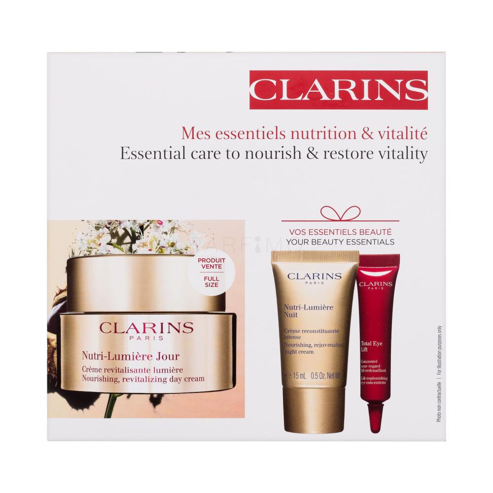 Clarins Nutri-Lumière Revitalizing Day Cream Pacco regalo crema viso giorno Nutri-Lumiére Jour 50 ml + crema viso notte Nutri-Lumiére Nuit 15 ml + crema occhi Total Eye Lift 7 ml