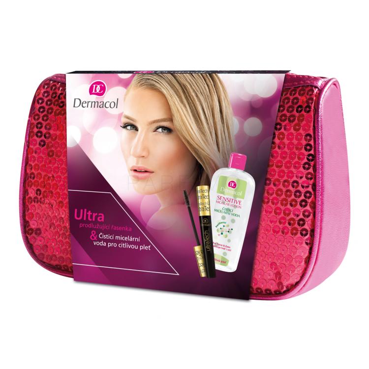 Dermacol Ultra Tech Pacco regalo mascara allungante 10 ml + acqua micellare detergente Sensitive 400 ml + borsetta cosmetica rosa