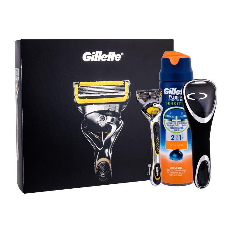 Gillette ProShield Pacco regalo rasoio con una lama 1 pz + gel da barba Fusion Proglide Sensitive Active Sport 170 ml + custodia per rasoio 1 pz