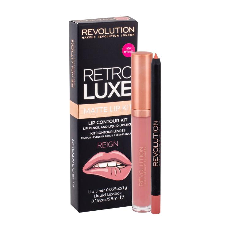 Makeup Revolution London Retro Luxe Matte Lip Kit Pacco regalo rossetto liquido 5,5 ml + matita contouring per occhi 1 g