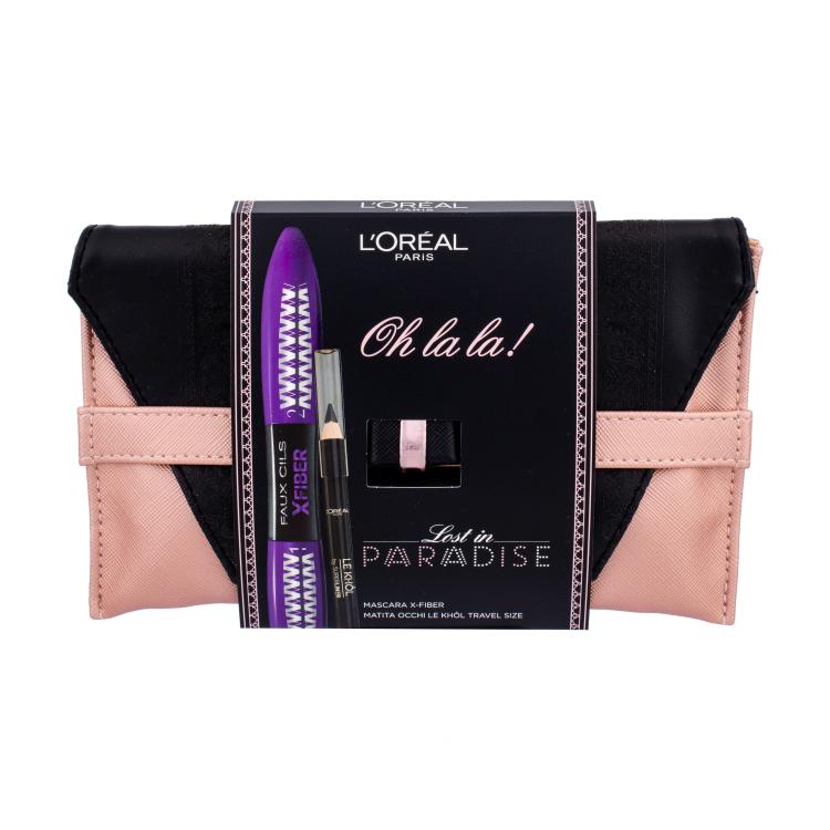 L&#039;Oréal Paris False Lash X-Fiber Pacco regalo mascara STEP 1 7,1 ml STEP 2 6,9 ml + matita per occhi Le Khol 1 g 101 Midnight Black + borsetta cosmetica