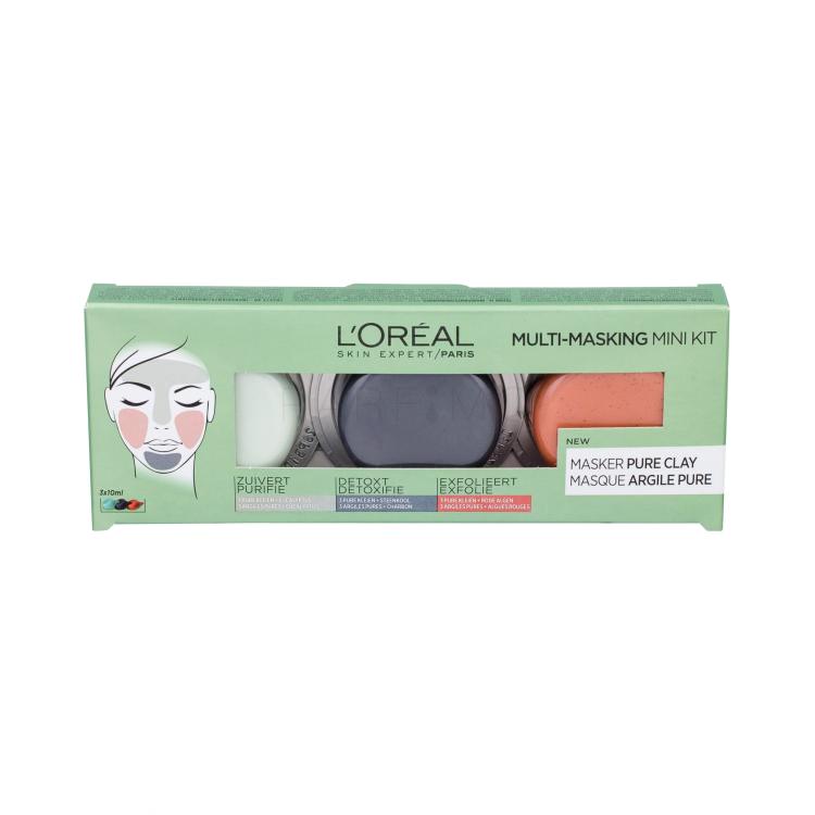 L&#039;Oréal Paris Pure Clay Multi-Masking Pacco regalo maschera viso detergente  10 ml + maschera viso detox intensiva 10 ml + maschera viso con effetto peeling 10 ml