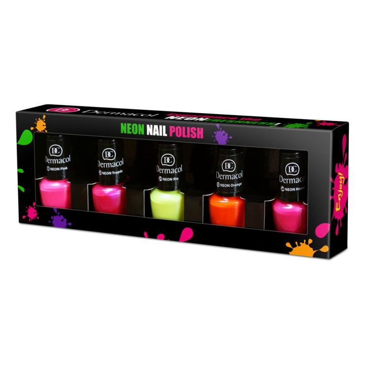 Dermacol Neon Pacco regalo smalto per unghie 5 ml + smalto per unghie 5 ml 22 Tropéz + smalto per unghie 5 ml 21 Rio + smalto per unghie 5 ml 02 Orange + smalto per unghie 5 ml 24 Hawaii