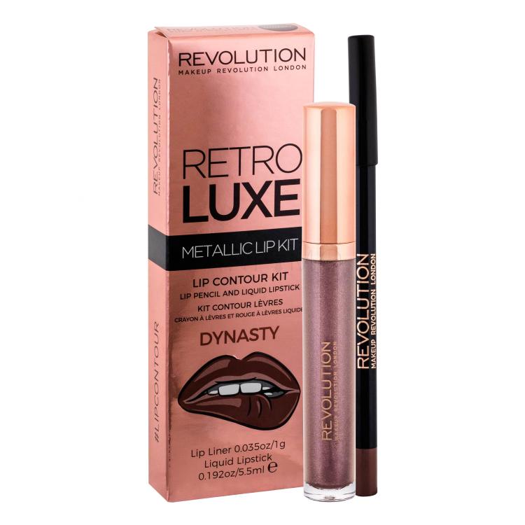 Makeup Revolution London Retro Luxe Metallic Lip Kit Pacco regalo rossetto liquido 5,5 ml + matita labbra 1 g