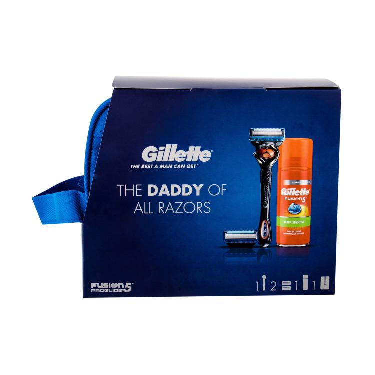 Gillette Fusion Proglide Flexball Pacco regalo rasoio 1 pz + testine di ricambio 2 pz + gel da barba HydraGel Sensitive 75 ml + trousse