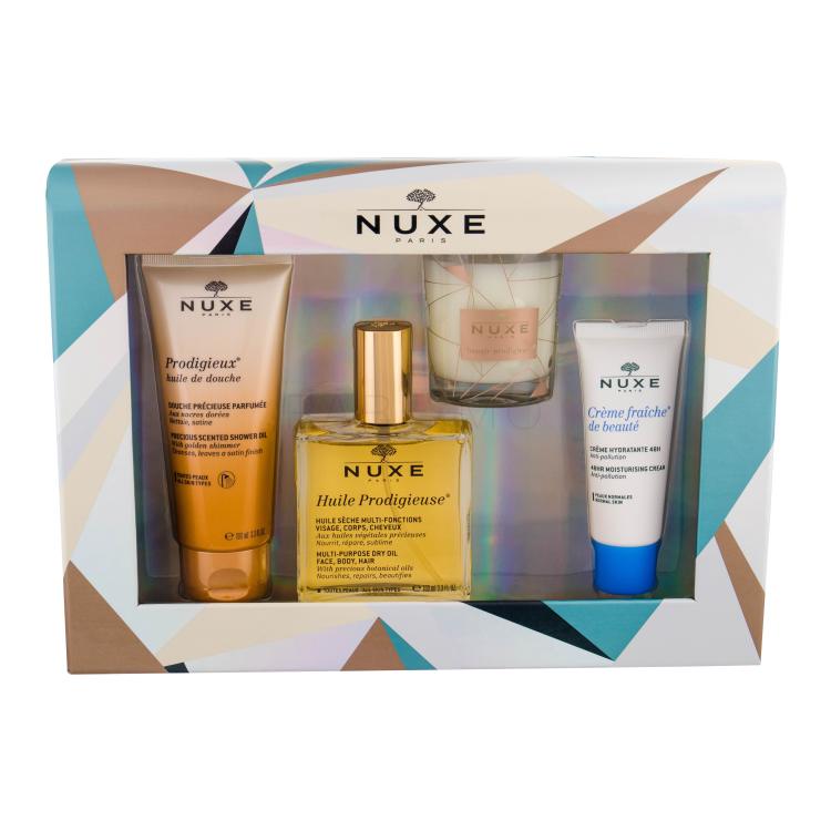 NUXE Huile Prodigieuse Multi-Purpose Dry Oil Pacco regalo olio secco 100 ml + olio doccia Prodigieux 100 ml + crema viso giorno Creme Fraiche de Beauté 30 ml + candela profumata 70 g