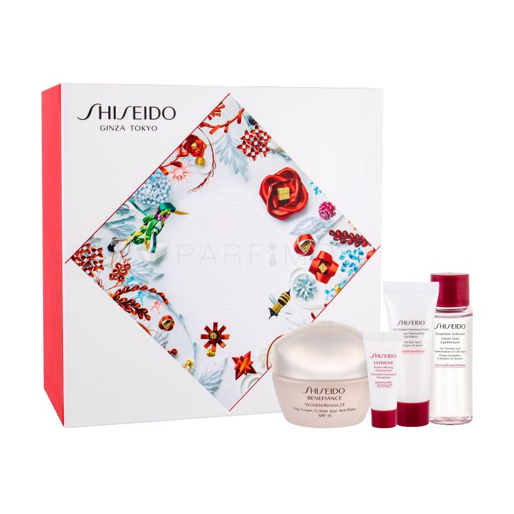 Shiseido Benefiance Wrinkle Resist 24 Day Cream SPF15 Pacco regalo crema giorno SPF15 50 ml + siero viso ULTIMUNE 5 ml + schiuma detergente Clarifying Cleansing Foam 15 ml + tonico viso Treatment Softener 30 ml