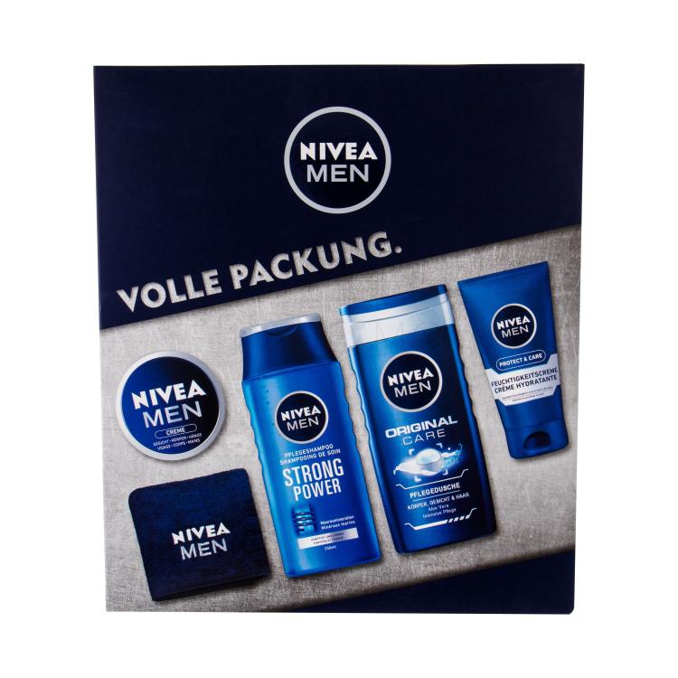 Nivea Men Original Pacco regalo doccia gel 250 ml + shampoo Strong Power 250 ml + crema universale Men Creme 150 ml + crema viso Protect &amp; Care 75 ml + ascigamano 1 pz