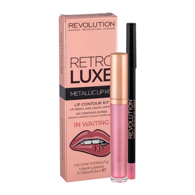 Makeup Revolution London Retro Luxe Metallic Lip Kit Pacco regalo rossetto liquido 5,5 ml + matita labbra 1 g