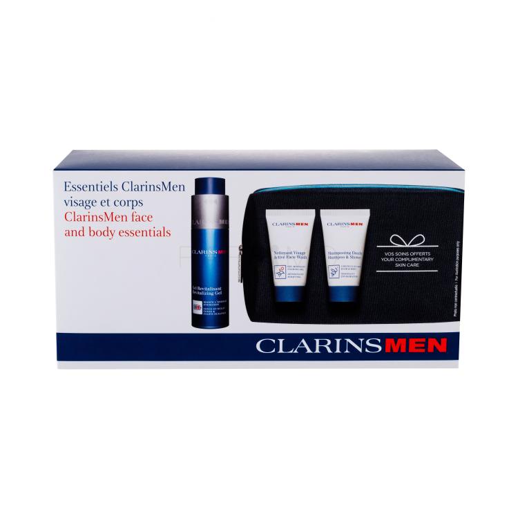Clarins Men Revitalizing Gel Pacco regalo gel idratante 50 ml + detergente viso Active Face Wash 30 ml + doccia gel Shampoo &amp; Shower 30 ml + trousse