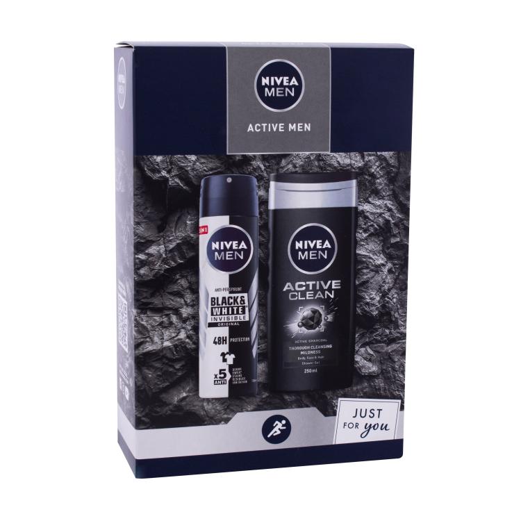 Nivea Men Active Pacco regalo doccia gel 250 ml + antitraspirante spray Black &amp; White Invisible 150 ml