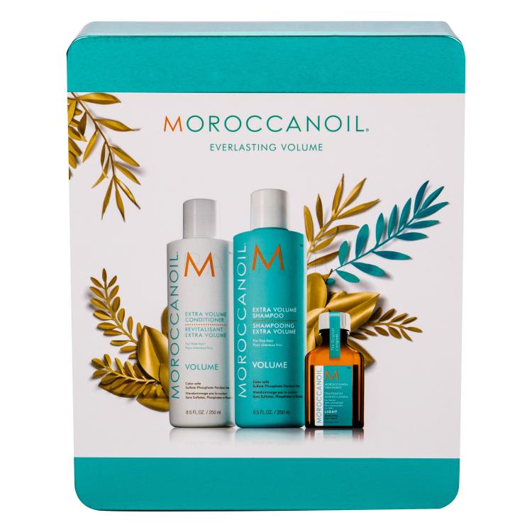 Moroccanoil Volume Pacco regalo shampoo 250 ml + balsamo 250 ml + olio per capelli Light 25 ml + scatola di latta
