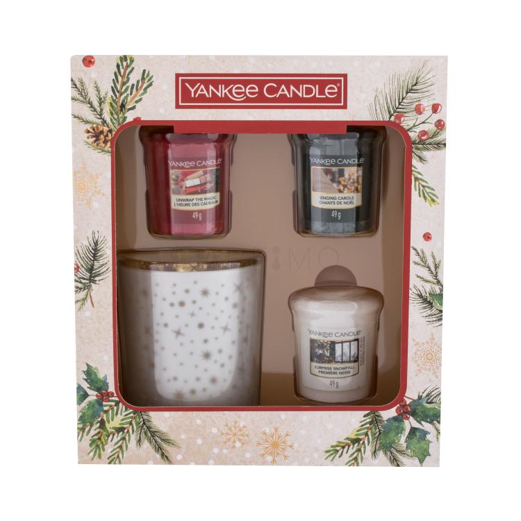Yankee Candle Magical Christmas Morning Pacco regalo votivní svíčka Unwrap The Magic 49 g + votivní svíčka Singing Carols 49 g + votivní svíčka Surprise Snowfall 49 g + svícen