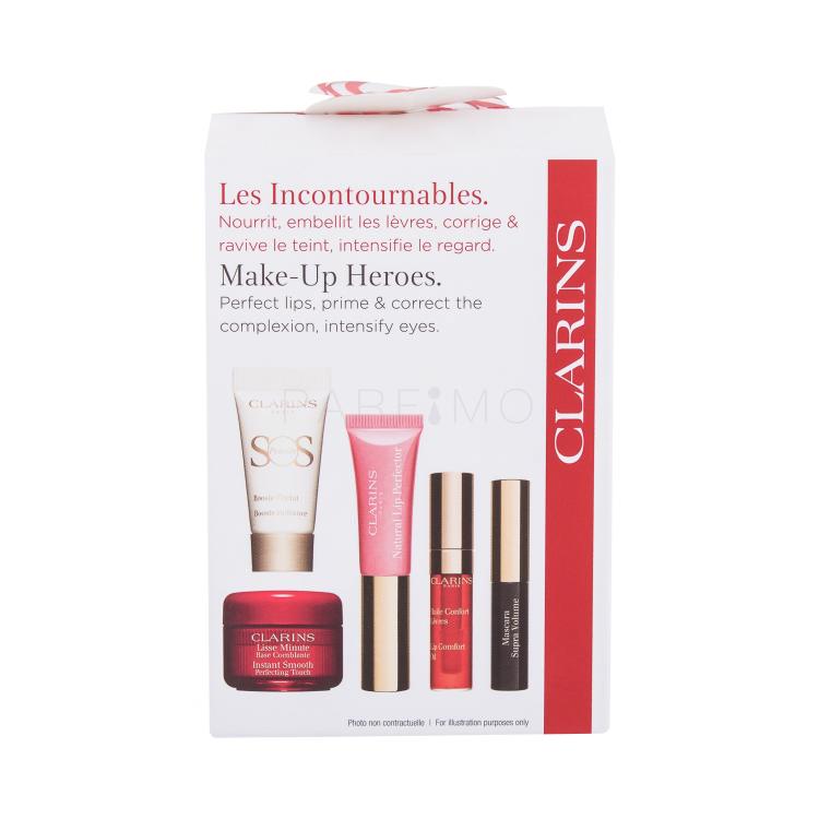 Clarins Make-up Heroes Pacco regalo mascara Supra Volume 3,5 ml + base 4 ml + olio labbra 2,8 ml 03 Red Berry + lucidalabbra 5 ml 01 Rose Shimmer + base 5 ml 00 Universal Light