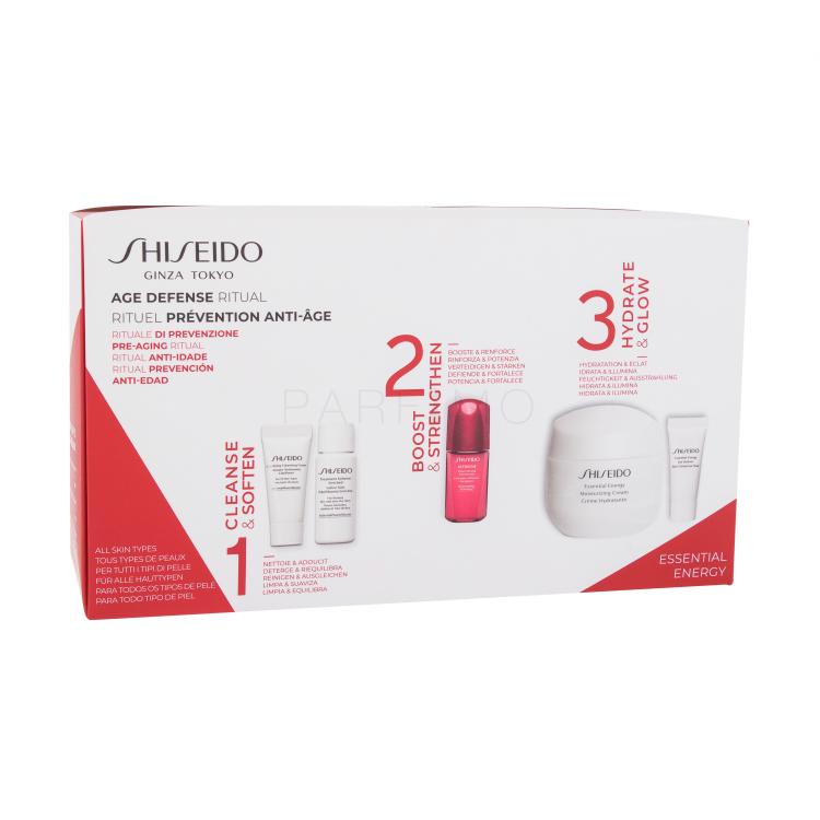 Shiseido Essential Energy Moisturizing Cream Pacco regalo crema giorno 50 ml + schiuma detergente 5 ml + emulsione viso 7 ml + siero viso 10 ml + siero contorno occhi 5 ml + trousse cosmetica