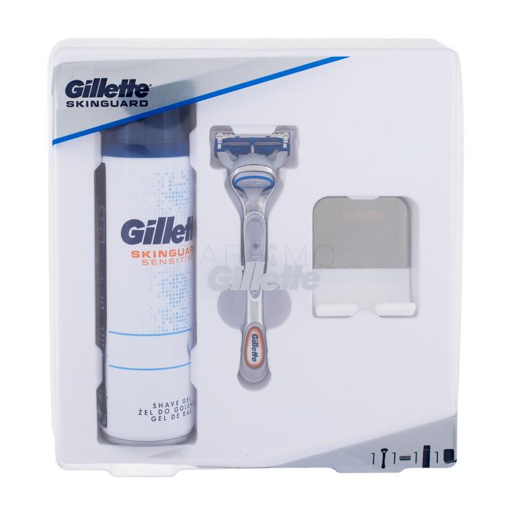 Gillette Skinguard Sensitive Pacco regalo rasoio Skinguard Sensitive 1 pz + gel da barba Skinguard Sensitive 200 ml + supporto per rasoio