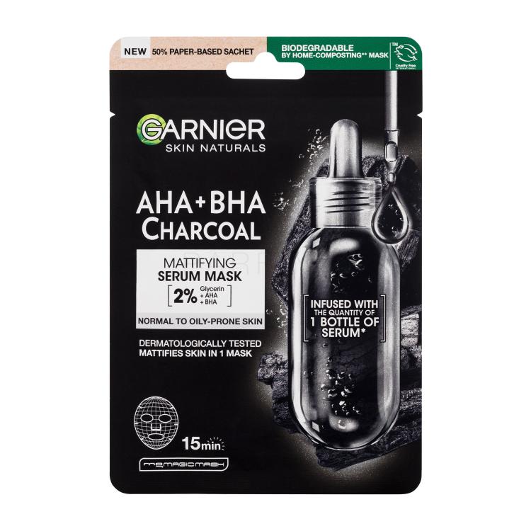 Garnier Skin Naturals AHA + BHA Charcoal Mattifying Serum Mask Maschera per il viso donna 1 pz