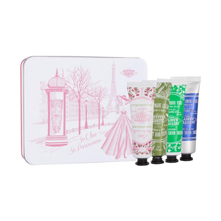 Institut Karité Shea Hand Cream Pacco regalo crema mani Shea Hand Cream Lily Of The Valley 30 ml + crema mani Shea Hand Cream Milk Cream 30 ml + crema mani Light Hand Cream Rose Mademoiselle 30 ml + crema mani Light Hand Cream Verbena &amp; Shea 30 ml + scatola di metallo