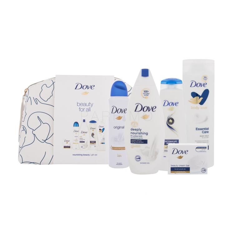 Dove Beauty For All Nourishing Beauty Pacco regalo antitraspirante 150 ml + gel doccia 250 ml + latte corpo 250 ml + shampoo 250 ml + sapone duro 100 g + trousse