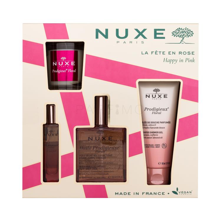 NUXE Happy In Pink Pacco regalo olio secco Huile Prodigieuse Florale 100 ml + doccia gel Prodigieux Floral 100 ml + eau de parfum Prodigieux Floral 15 ml + candela Prodigieux Floral 70 g