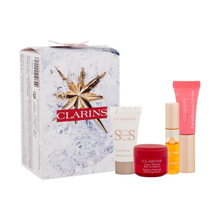 Clarins Make-up Heroes Mini Set Pacco regalo base SOS Primer 5 ml 00 Universal Light + olio per le labbra Lip Comfort Oil 2,8 ml 01 Honey + lucidalabbra Natural Lip Perfector 5 ml 01 Rose Shimmer + base Instant Smooth Perfecting Touch 4 ml