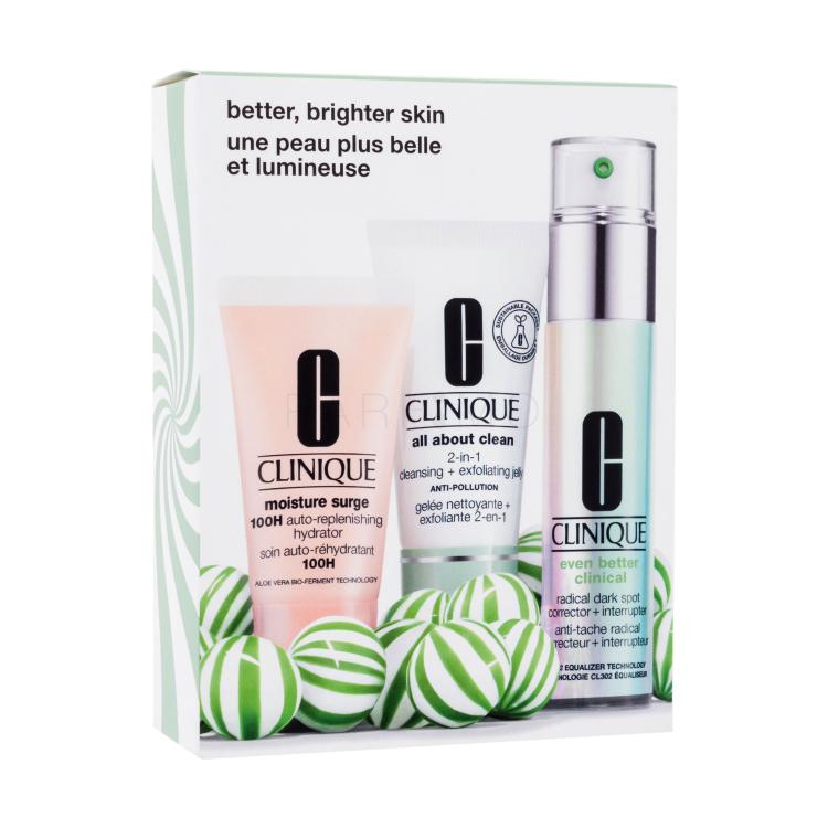 Clinique Even Better Clinical Gift Set Pacco regalo siero Even Better Clinical Radical Dark Spot Corrector 30 ml + detergente gel All About Clean 2-in-1 Jelly 30 ml + crema Moisture Surge 100H Hydrator 30 ml