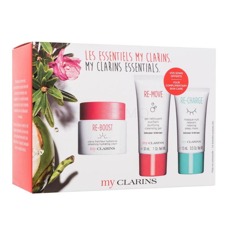 Clarins My Clarins Must-Haves Pacco regalo crema viso Re-Boost Refreshing Hydrating Cream 50 ml + maschera viso Re-Charge Relaxing Sleep Mask 15 ml + gel deterhente Re-Move Purifying Cleansing Gel 30 ml