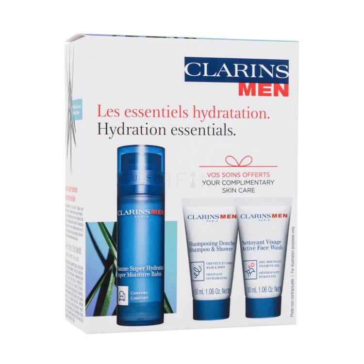 Clarins Men Hydration Essentials ClarinsMen Pacco regalo balsamo per il viso Men Super Moisture Balm 50 ml + viso gel Men Active Face Wash 30 ml + doccia gel Men Shampoo &amp; Shower 30 ml