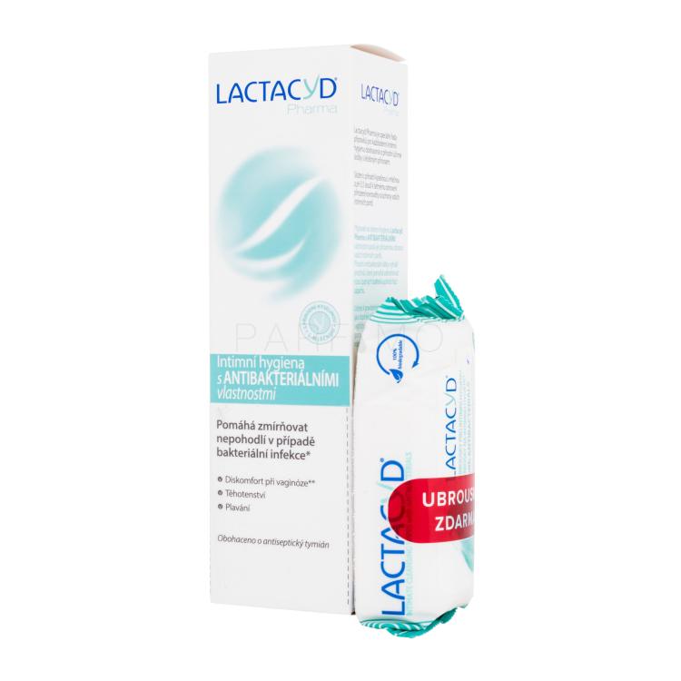 Lactacyd Pharma Antibacterial Pacco regalo gel detergente intimo antibatterico Pharma Anti-Bacterial 250 ml + salviette per l&#039;igiene intima Pharma Anti-Bacterial 15 pz