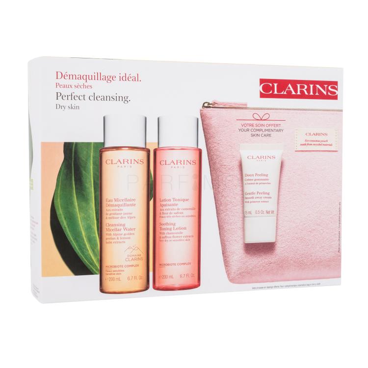 Clarins Perfect Cleansing Pacco regalo acqua micellare Cleansing Micellar Water 200 ml + tonico per la pelle Soothing Toning Lotion 200 ml + peeling cutaneo Gentle Peeling 15 ml + trousse cosmetica