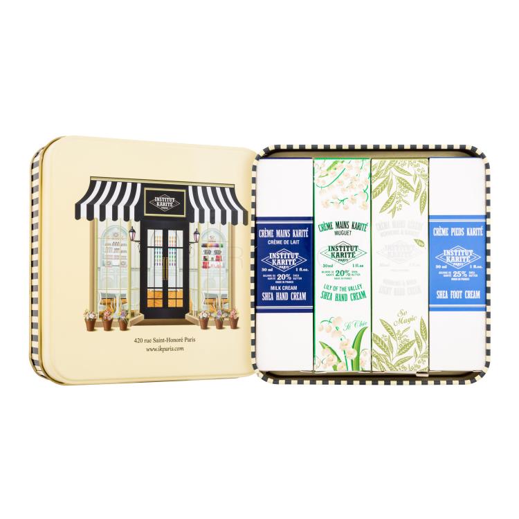 Institut Karité IKP Shop Pacco regalo crema mani Shea Hand Cream Lily Of The Valley 30 ml + crema mani Light Hand Cream Verbena &amp; Shea 30 ml + crema mani Shea Hand Cream Milk Cream 30 ml + crema per i piedi Shea Foot Cream 30 ml + scatola di latta