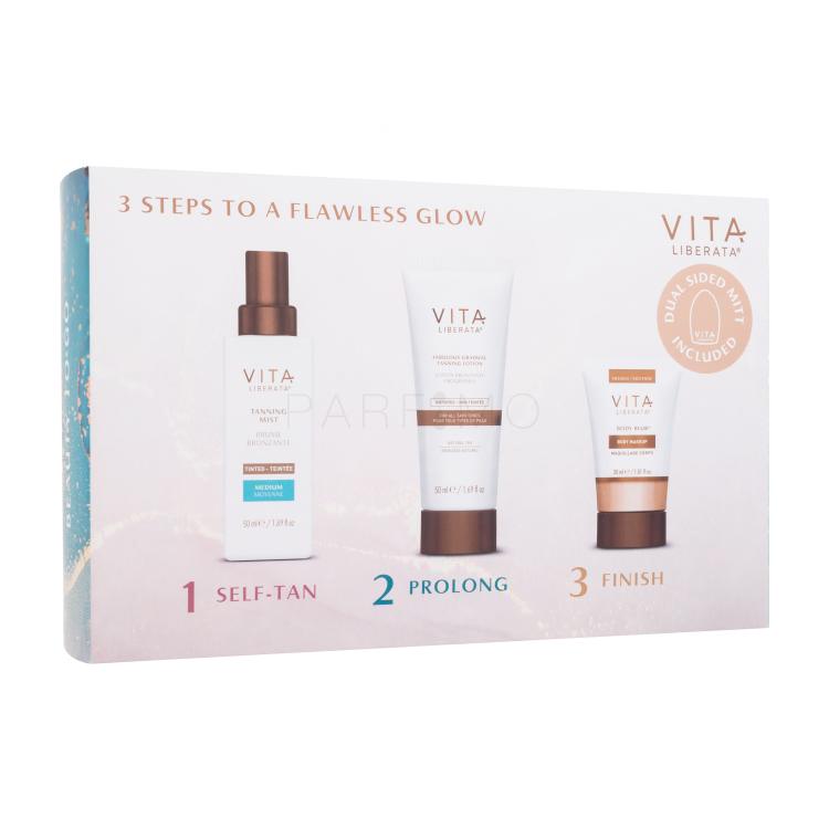 Vita Liberata Beauty To Go The Tan Your Skin Wants Pacco regalo latte autoabbronzante Fabulous Gradual Tanning Lotion Untinted 50 ml + nebbia autoabbronzante Tanning Mist Tinted 50 ml Medium + corpo make-up Body Blur Body Makeup 30 ml Medium + guanti per l&#039;applicazione di autoabbronzanti 1 pz