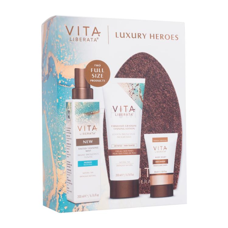 Vita Liberata Luxury Heroes Pacco regalo lozione autoabbronzante Fabulous Gradual Tanning Lotion Untinted 200 ml + nebbia autoabbronzante Tanning Mist Tinted 200 ml Medium + trucco corpo Body Blur Body Makeup 30 ml Medium + guanti per l&#039;applicazione dell&#039;autoabbronzante 1 pz.