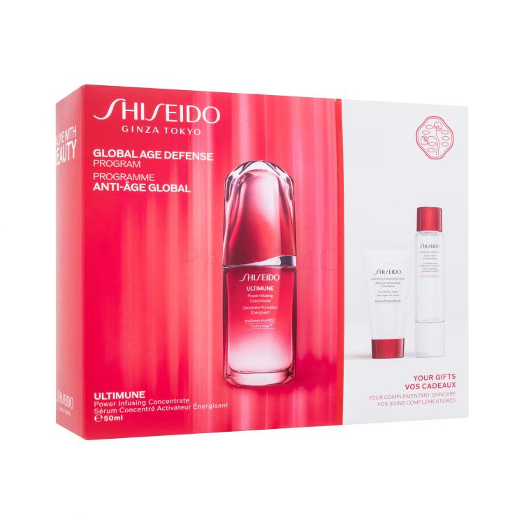 Shiseido Ultimune Global Age Defense Program Pacco regalo siero per la pelle Ultimune Power Infusing Concentrate 50 ml + schiuma detergente Clarifying Cleansing Foam 30 ml + acqua per il viso Treatment Softener 30 ml