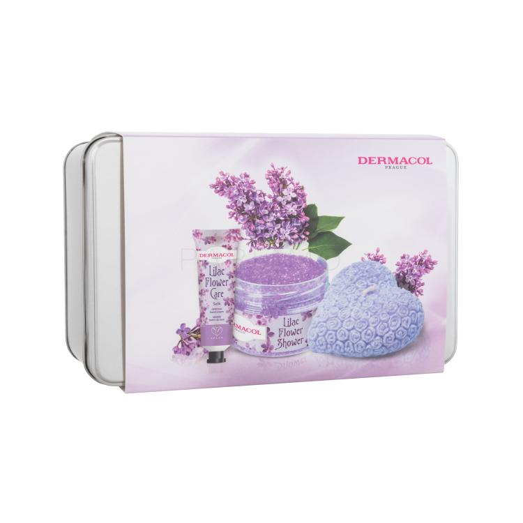 Dermacol Lilac Flower Shower Body Scrub Pacco regalo peeling per il corpo Lilac Flower Shower 200 g + crema mani Lilac Flower Care 30 ml + candela profumata decorativa + scatola di latta