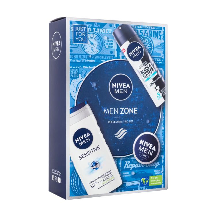 Nivea Men Zone Pacco regalo gel doccia Men Sensitive 250 ml + antitraspirante Men Black &amp; White Invisible Fresh 150 ml + crema universale Men Creme 30 ml