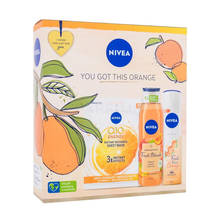 Nivea You Got This Orange Pacco regalo gel doccia Fresh Blends Albicocca 300 ml + antitraspirante Fresh Blends Arancio 150 ml + maschera viso Q10 1 pz