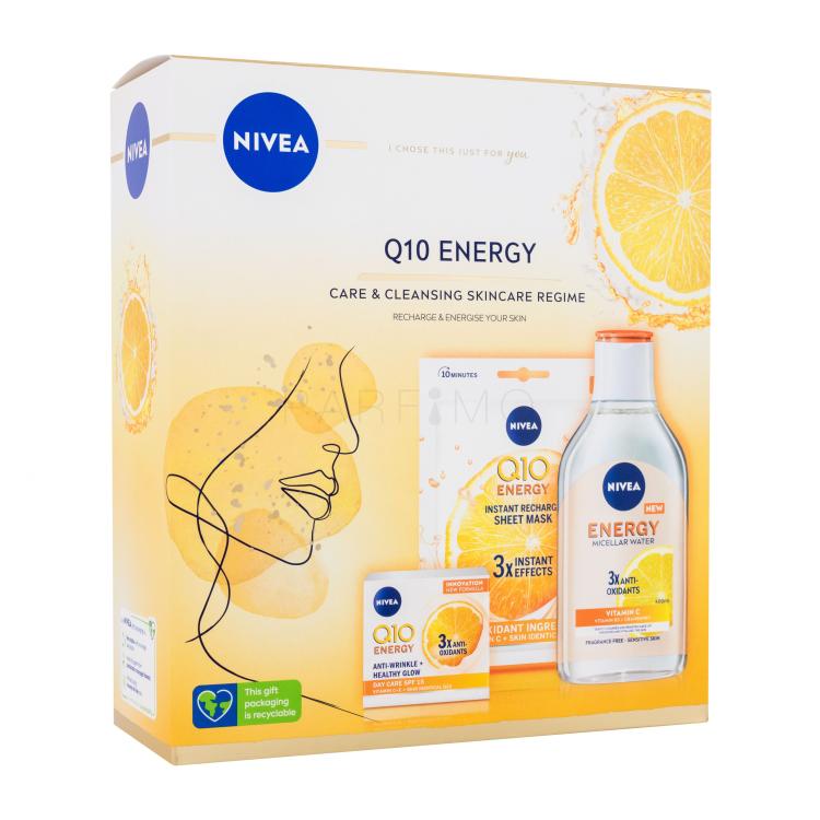 Nivea Q10 Energy Gift Set Pacco regalo crema viso quotidiana Q10 Energy 50 ml + acqua micellare Q10 Energy 400 ml + maschera viso in tessuto Q10 Energy 1 pz