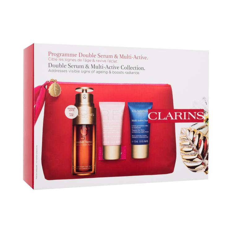 Clarins Double Serum Pacco regalo siero per la pelle Double Serum 50 ml + crema per la pelle giorno Multi-Active Day 15 ml + crema per la pelle notte Multi-Active Night 15 ml + borsa cosmetica