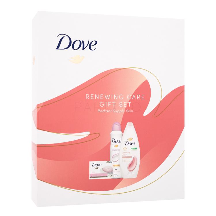Dove Renewing Care Gift Set Pacco regalo gel doccia Gel doccia Renewing Glow 250 ml + sapone solido Pink Beauty Cream Bar 90 g + Polvere Antitraspirante Soft 150 ml