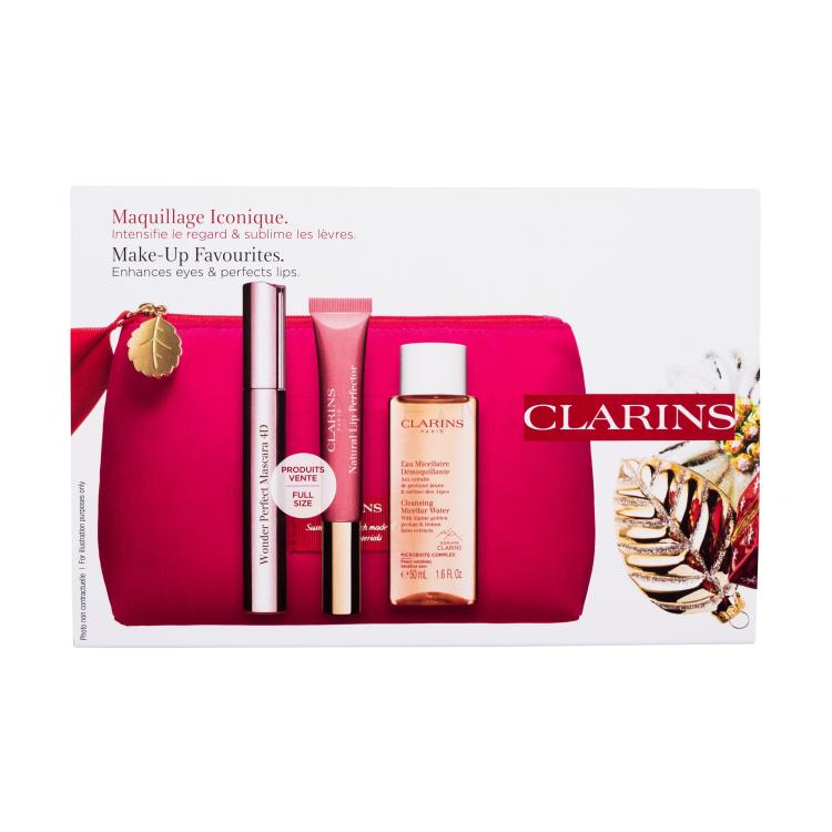 Clarins Wonder Perfect 4D Pacco regalo mascara Wonder Perfect Mascara 4D 8 ml + lucidalabbra Natural Lip Perfector 12 ml 01 Rose Shimmer + acqua micellare Cleansing Micellar Water 50 ml + trousse