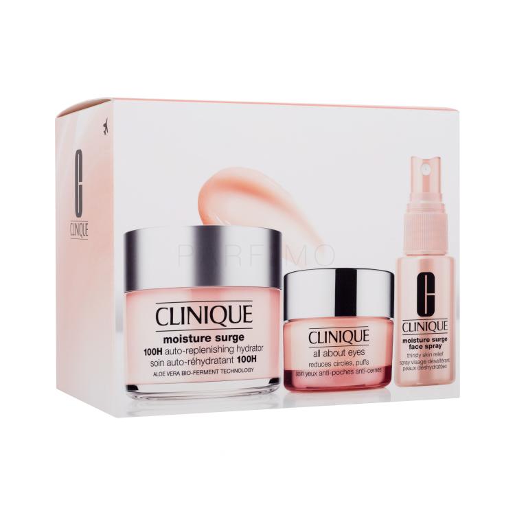 Clinique Moisture Surge Ultra Hydration Travel Exclusive Pacco regalo crema quotidiana per la pelle Moisture Surge 100H Auto-Replenishing Hydrator 125 ml + spray per la pelle Moisture Surge Face Spray Thirsty Skin Relief 30 ml + crema per gli occhi All About Eyes 15 ml