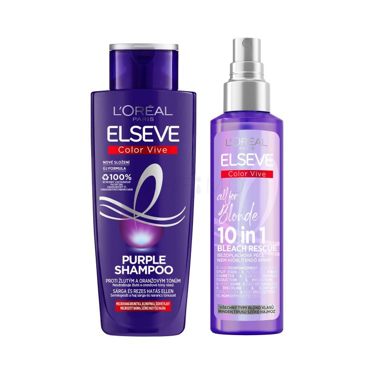Set Shampoo L&#039;Oréal Paris Elseve Color-Vive Purple Shampoo + Spray curativo per i capelli L&#039;Oréal Paris Elseve Color-Vive All For Blonde 10in1 Bleach Rescue